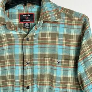 Woolly Dry Goods Vintage Plaid Flannel Shirt Turquoise Olive Tan Mens Size M